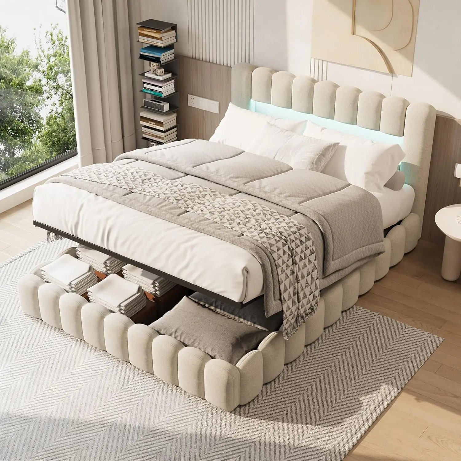 Lit rembourré Rosahqnda 180x200cm avec coffre de rangement, lit 160x200cm avec espace de rangement hydraulique, tête de lit avec LED et USB