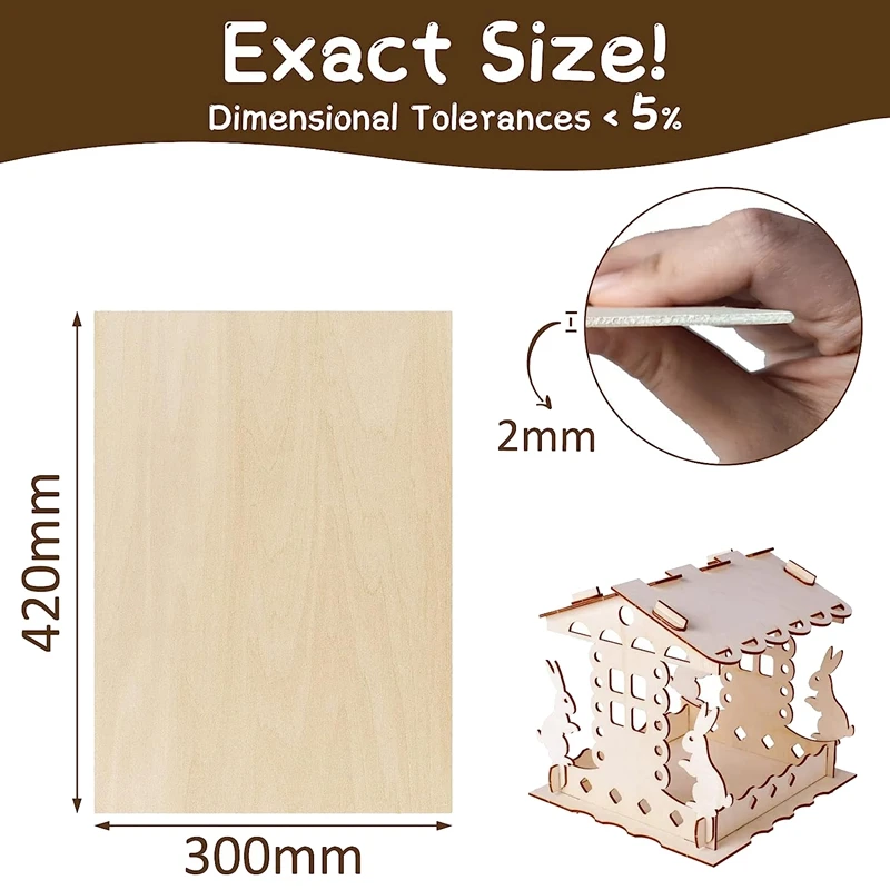 10 Piece Plywood Panels A3 Wooden Panel Fretsaw Wood For DIY Woodworking, Laser Processing, Model Making 400 X 300 X 2 Mm