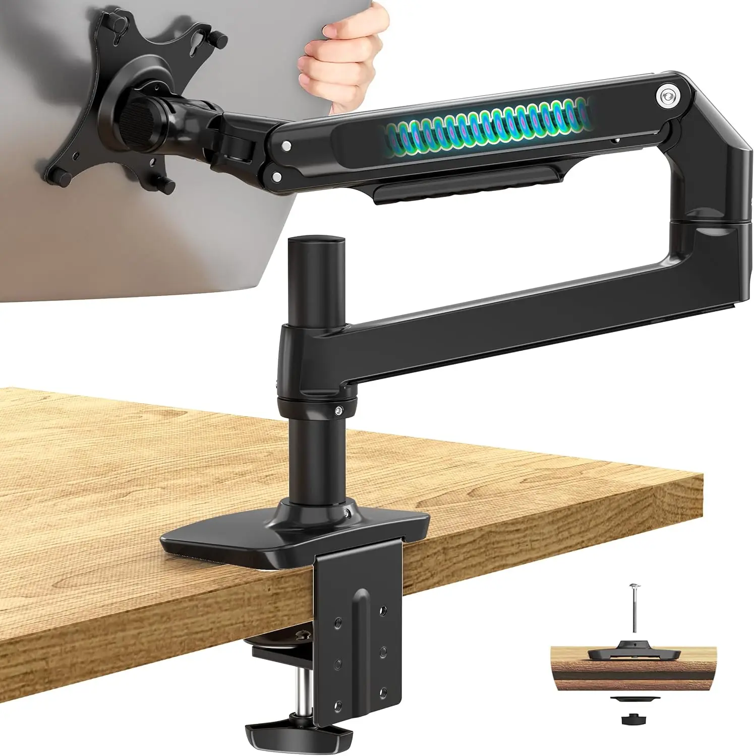 Single Monitor Arm Desk Mount, Holds Screens up to 40 Inches, Fully Adjustable VESA Mount with C-Clamp and Grommet Base, Aluminum, Black