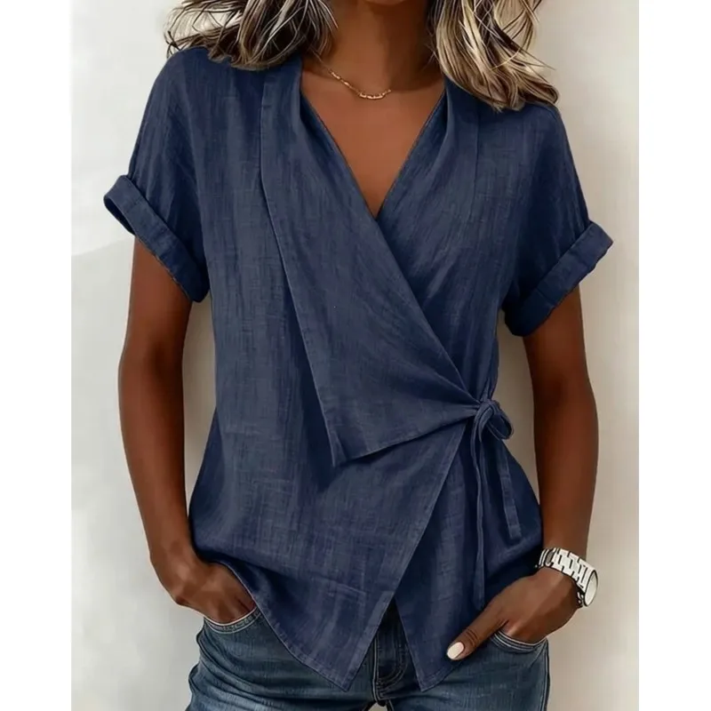 2026 Spring And Summer New Women's Blouses Casual Solid Lapel Tie Irregular Loose Short-sleeved Shirt T-shirt Women Clothing view 5