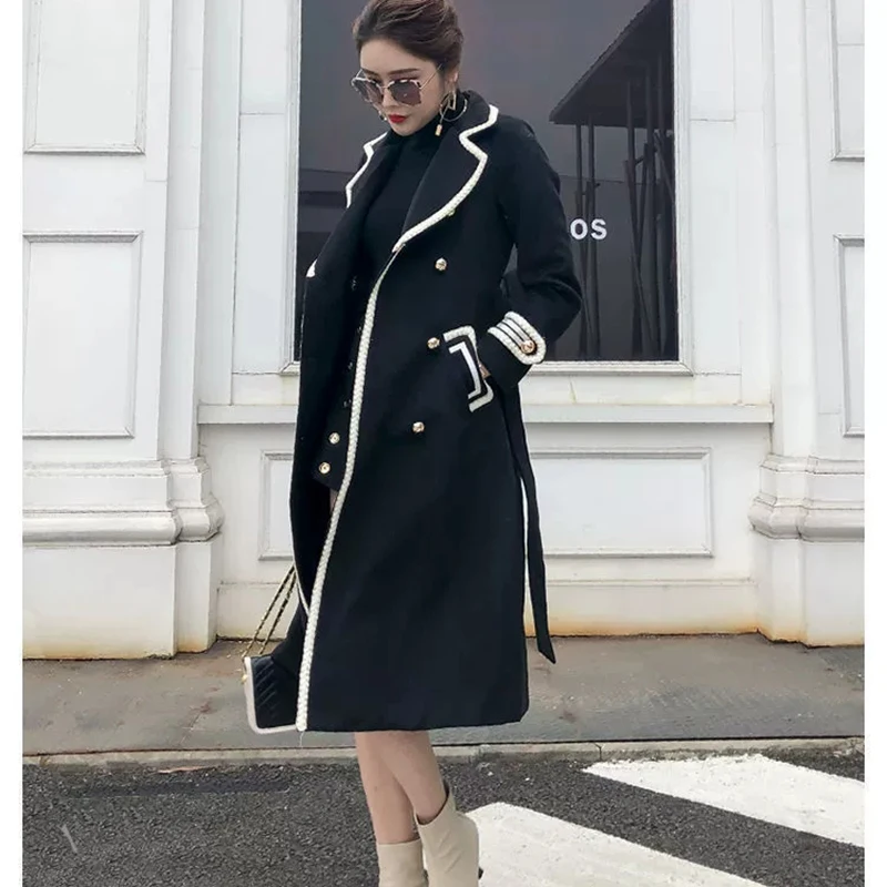 

Women Fashion Black Woolen Coat Double Breasted Long Sleeve Lapel Blends Jacket 2025Autumn Winter Clothing High Street Outerwear