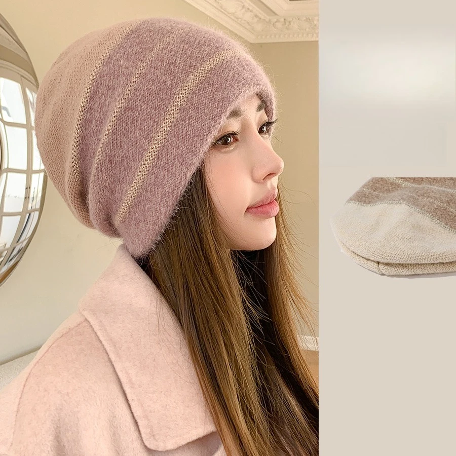 Thickened Rabbit Fur Stacking Hat Elegant Color Matching Fleece Ear Protection Knitted Hat Outdoor Cold Protection Pullover Hat