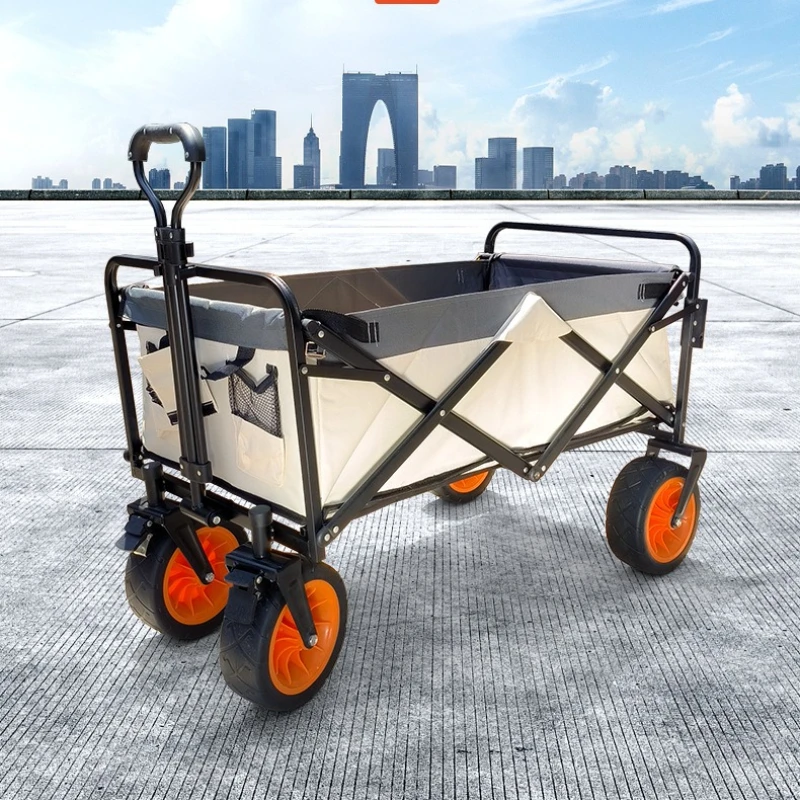

Folding Cargo Wagon Portable Trolley Cart Heavy Duty Collapsible Utility Cart 8 Inch Wheels Brake Telescoping Handle Carrinho
