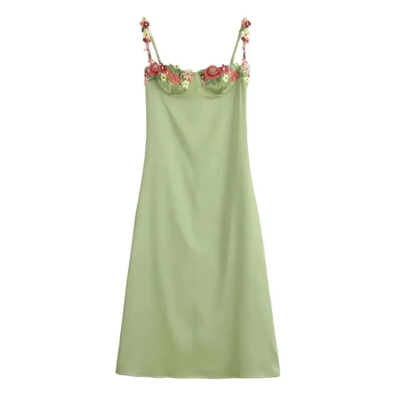 Moda feminina suspender bordado costura renda cetim vestido longo sexy sem mangas estilo francês cintura alta uma linha vestidos estilingue