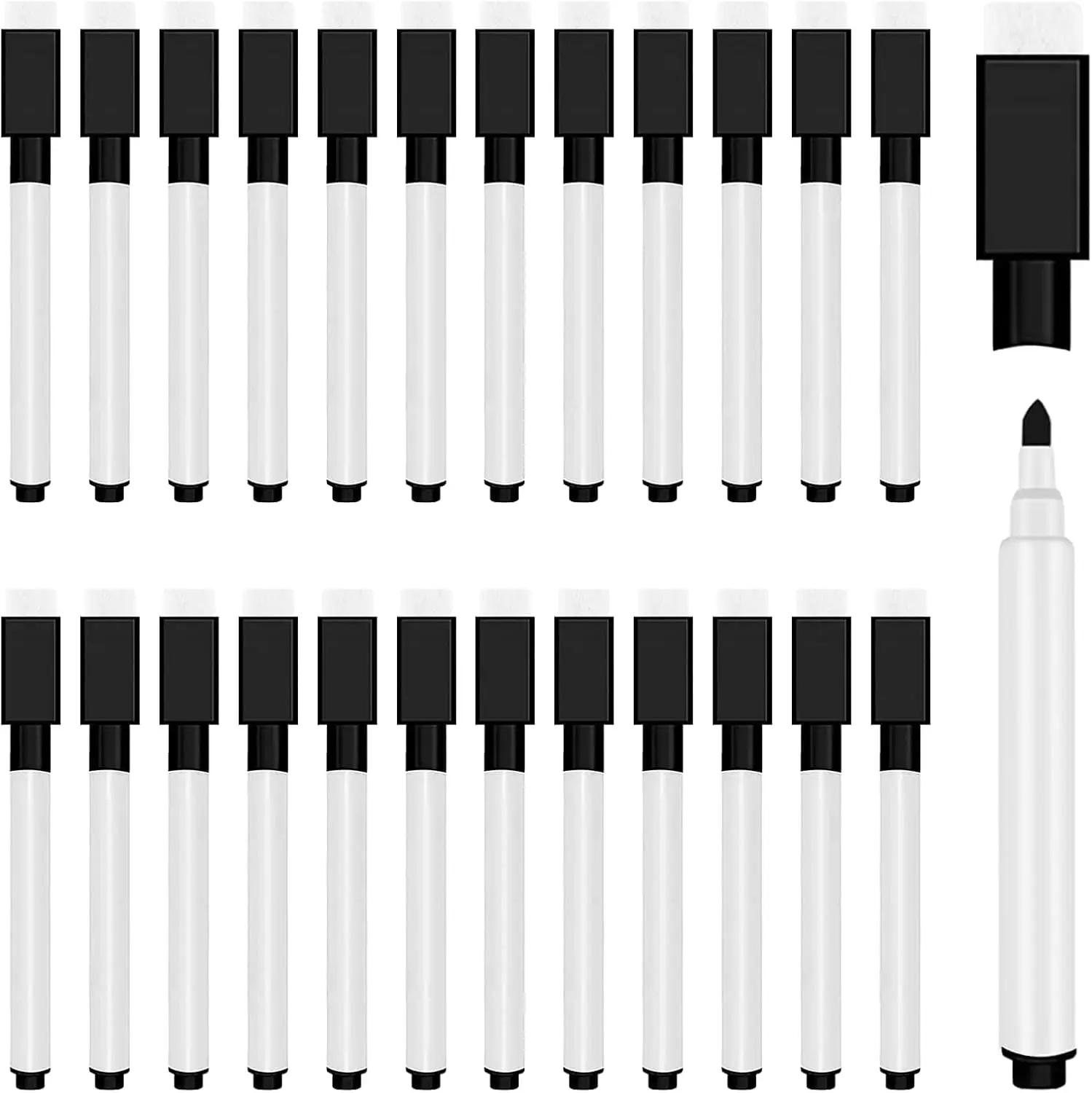 25 Black Magnetic Dry Erase Markers with Eraser Cap, Fine Point Whiteboard Markers Bulk for Teachers Office School Supplies