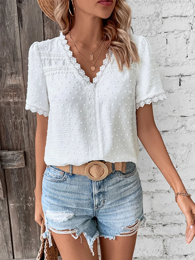 Women Fashion Solid Color Blouses Shirts Casual V Neck Short Sleeve Tops Ladies Summer Boho Sweet Female Chic Blouse Clothing