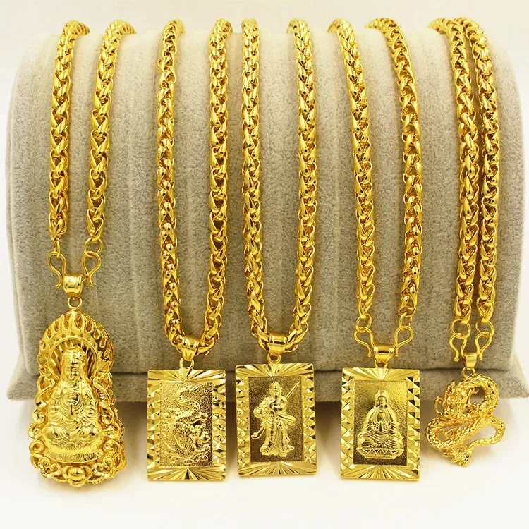 

Imitation 24K 100% Real Gold Boss Necklace Men's Verbena Chain With Guanyin Dragon Brand Guan Gong Pendant Pure Gold Jewelry