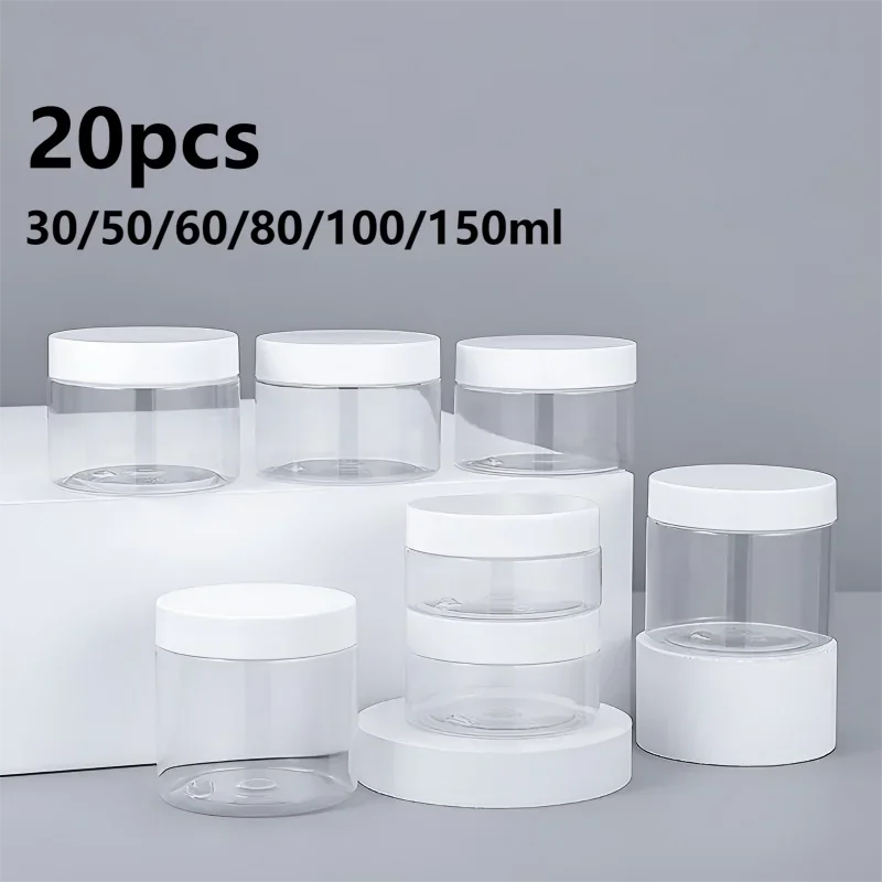 

20pcs 30/50/60/80/100/150ml Plastic Empty Jars With White Lids Canister Face Cream Container Food Travel Bottle Home Supplies