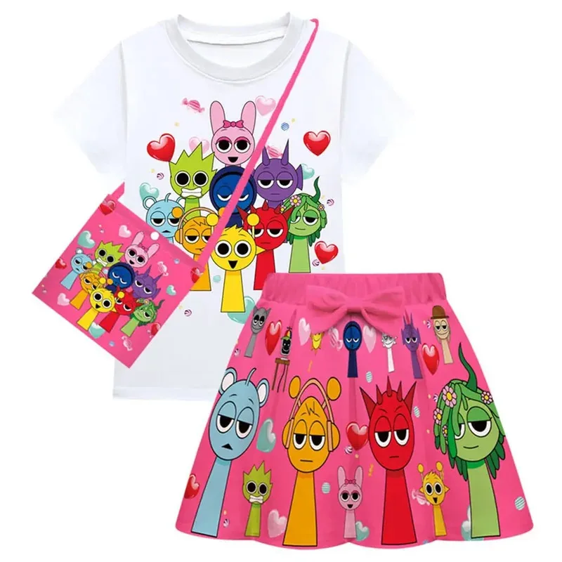 حار فيلم Sprunki الاطفال تأثيري حلي لعبة Incredibox الصيف طفل الفتيات تي شيرت تنورة دعوى لأزياء كرنفال