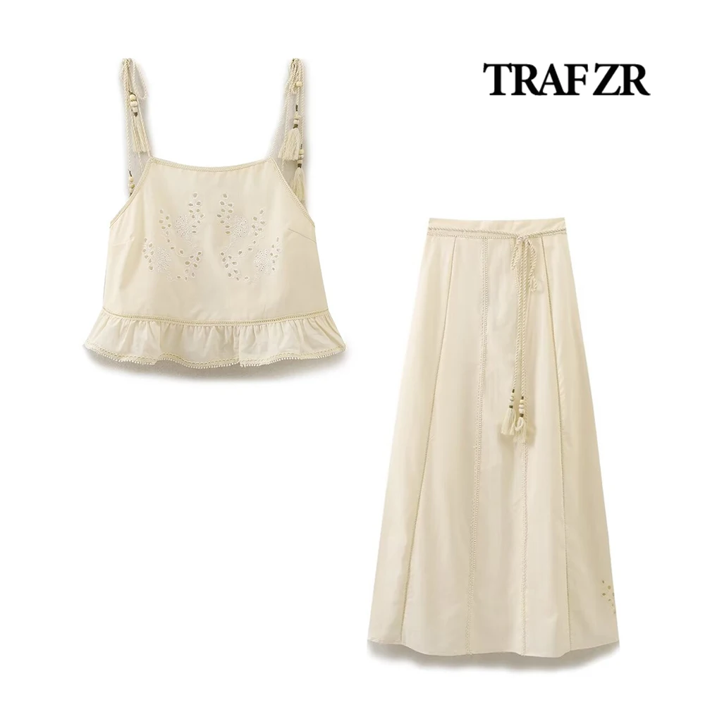 TRAF ZR Elegant Two Piece Sets Skirt Set Vacation Outfits Lace Ruffled Hem Top Tied Straps with Tassel Ankle-Length A-Line Skirt