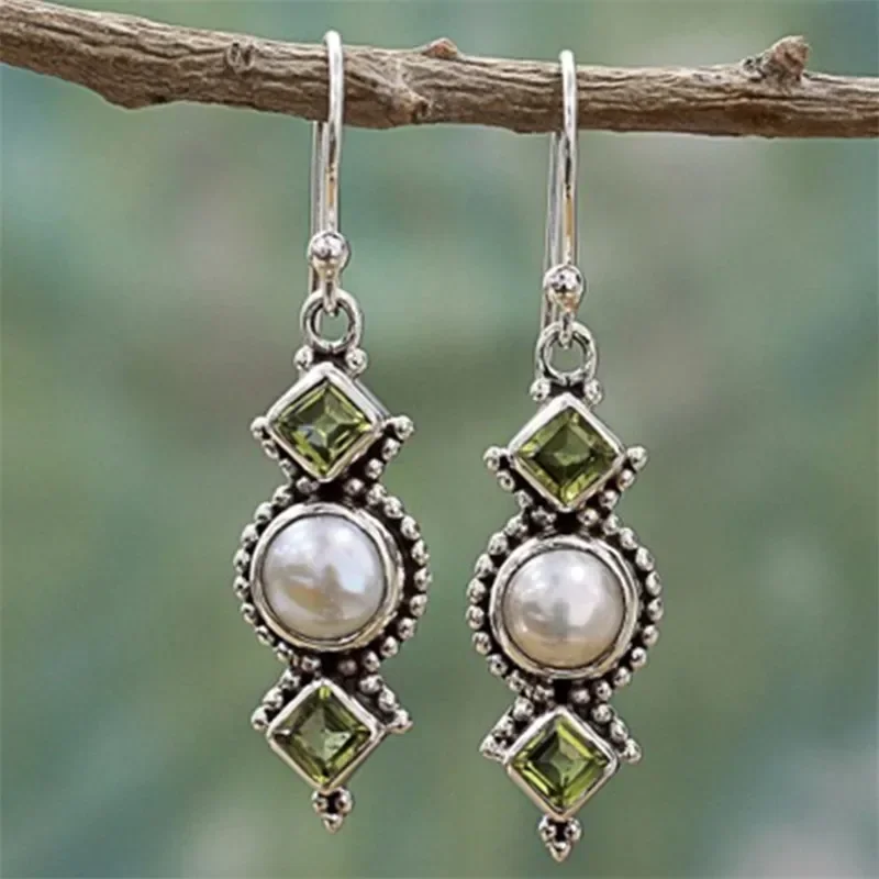 

S925 Vintage Thai Silver Pearl Earrings Creative Square Diamond Olive Green Long Earrings for Women