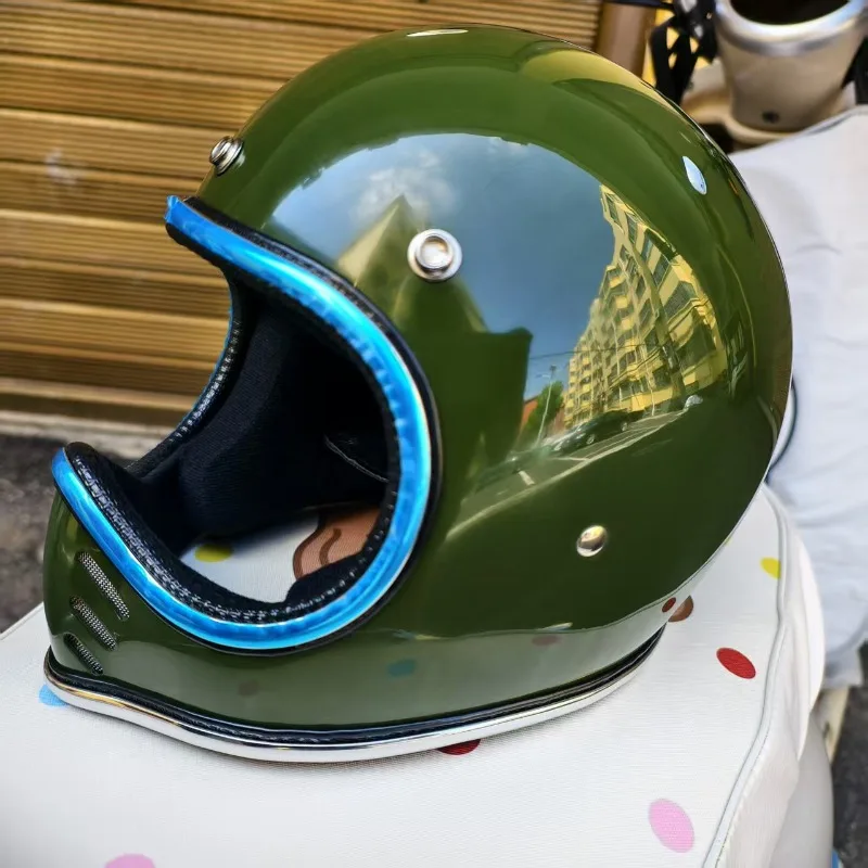 Pointed Nose Small Helmet Chrome Silver Rim Retro Motorcycle Fiberglass Helmet Four Season Full Face Helmet for Men and Women