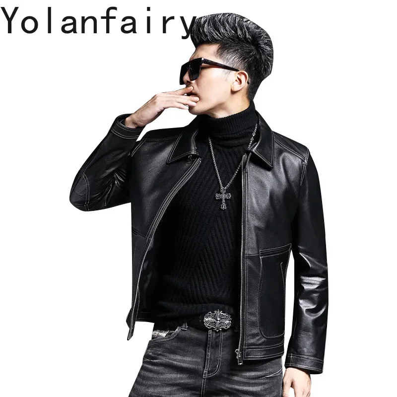 

YOLANFAIRY Genuine Leather Men's Leather Jacket High Quality Head Layer Cowhide Leather Coat Man Motorcycle Jackets 남자 가죽 자켓