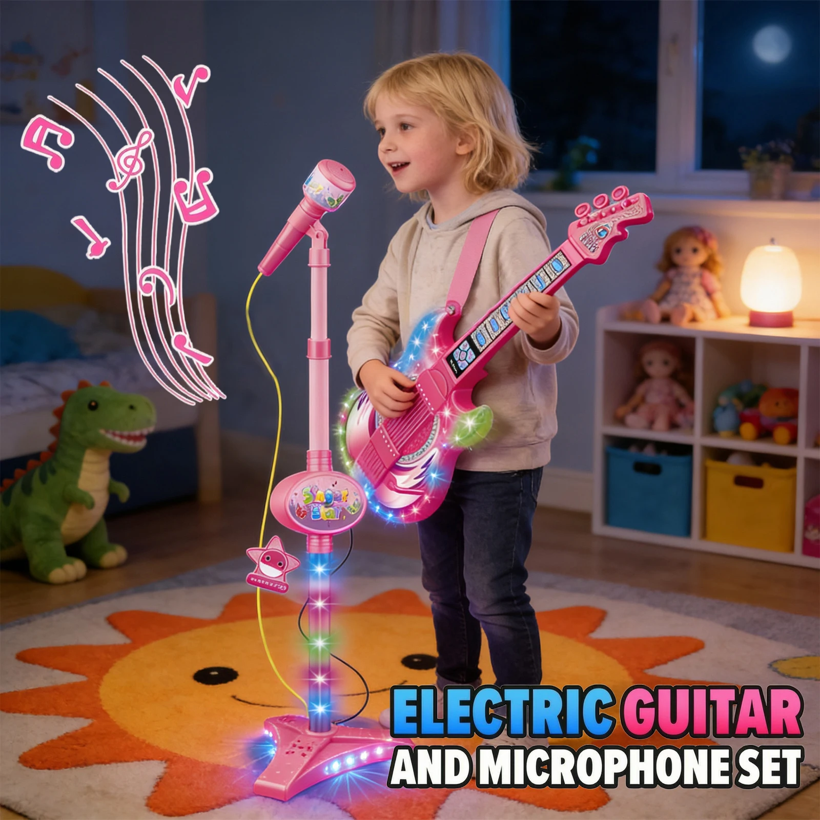 

Kids Electric Guitar and Microphone Set Light & Music Musical Instrument Karaoke Toy Birthday Gifts For Girls Boys 3-12 Year Old