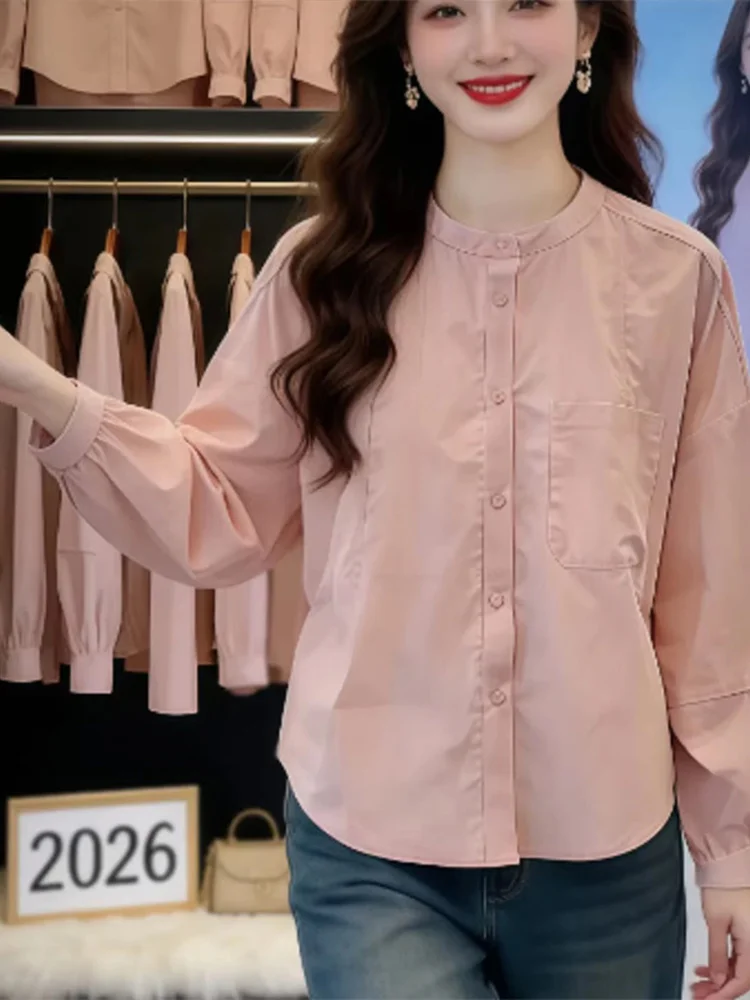 

Casual Loose Women's Shirt Spring Summer Batwing Sleeve Stand Collar Comfortable Breathable Long Sleeve Color Top