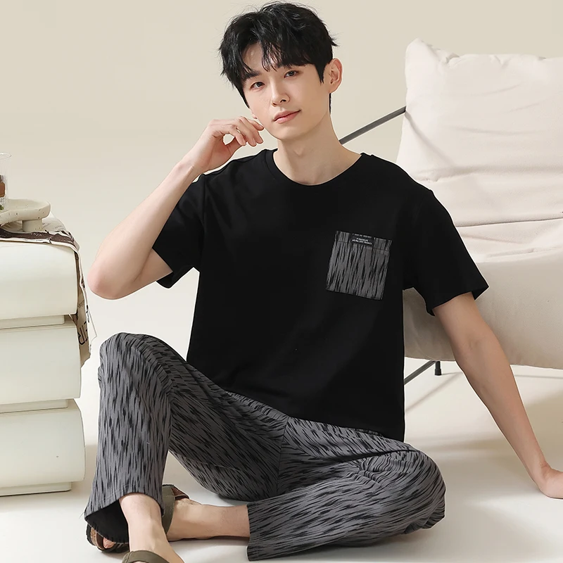 Summer Men's Pajamas Short Sleeves Long Pants Pijamas suits Thin Sleepwear can be worn outside Cotton home wear sports pyjama