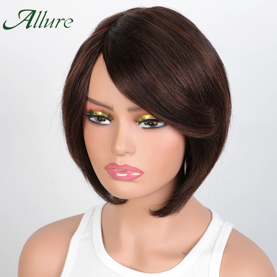 

Парик Allure Peruvian Short Straight Bob из натуральных волос с челкой, полностью машинной работы, с боковым пробором, F2/33, для женщин