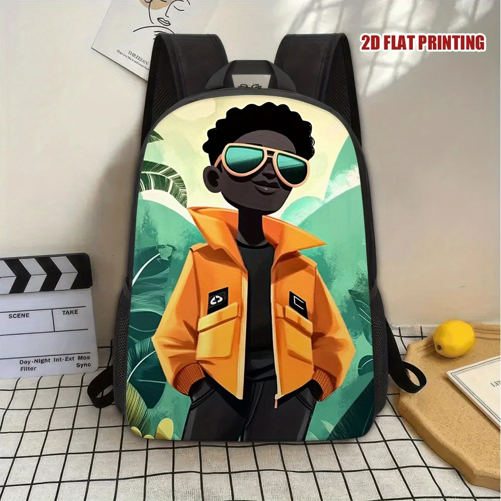 Mochila de Gran Capacidad con Estampado Plano 2D de Niño en Otoño - Diseño Elegante con Chaqueta Naranja y Gafas de Aviador, Cierre de Cremallera