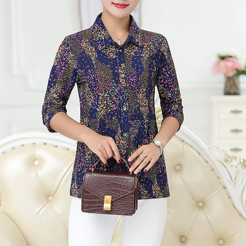 Middle Aged and Elderly Women Clothing Autumn Fashion Print Elegant Button Up Shirt Casual Lapel Blouse Long Sleeve Tops Blusas