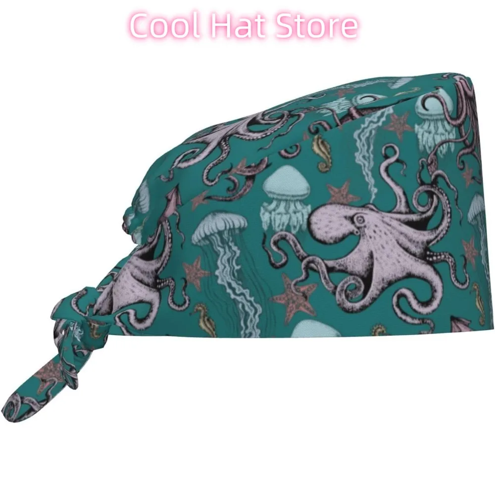 

Octopus Squid Jellyfish Working Cap for Women, Scrub Cap with Sweatband Adjustable, Unisex Tie Back Hat, Nurse Caps