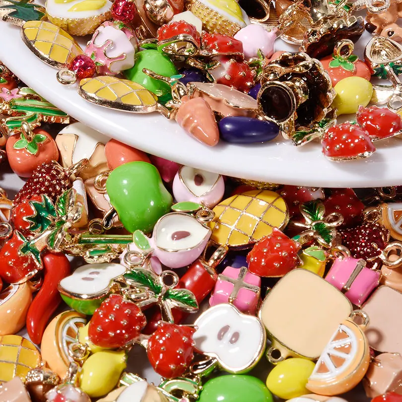 10pcs New Kawaii Fruit And Vegetables Food Alloy Dripping Oil Charm Pendant Red Pepper/Strawberry/Cherry Lovable Charms Pendant