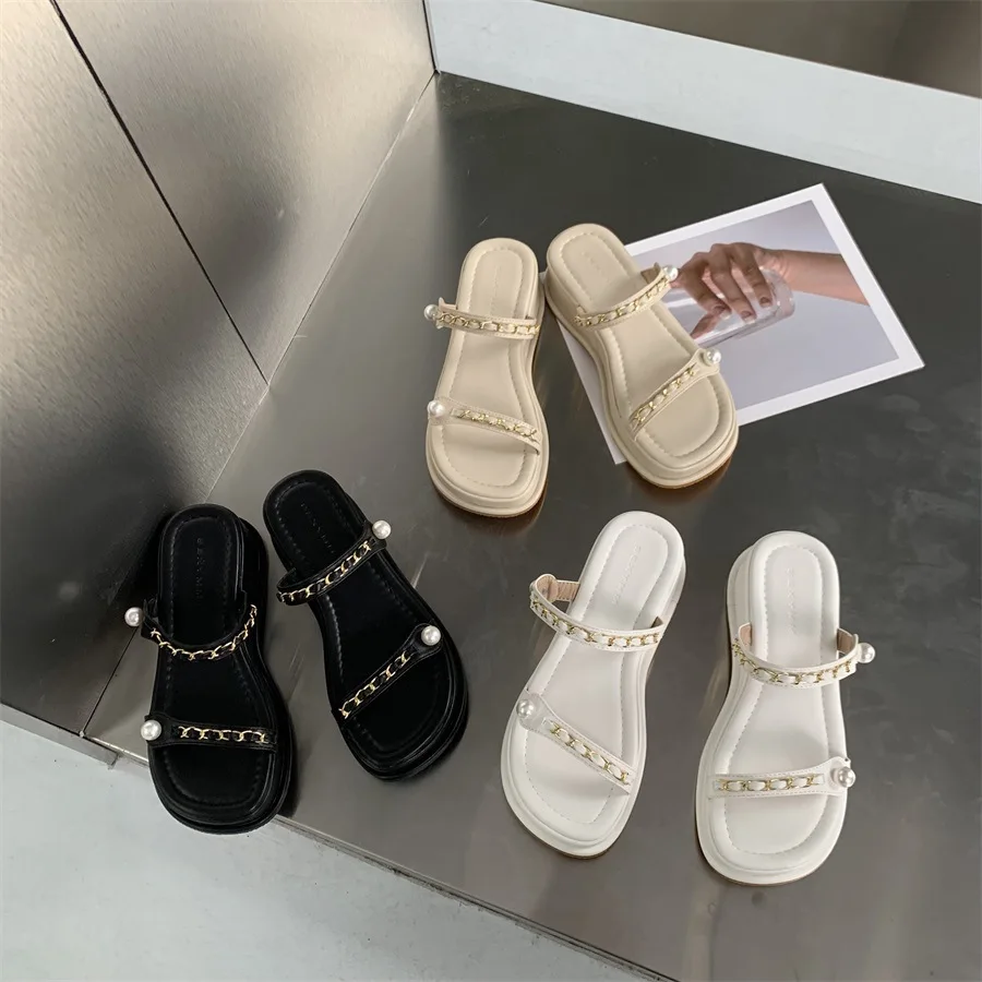 Low Flat Shoes Female On A Wedge String Bead Woman's Slippers Heeled Mules Black Sandals Slides Platform 2024 High Soft Beige Ba