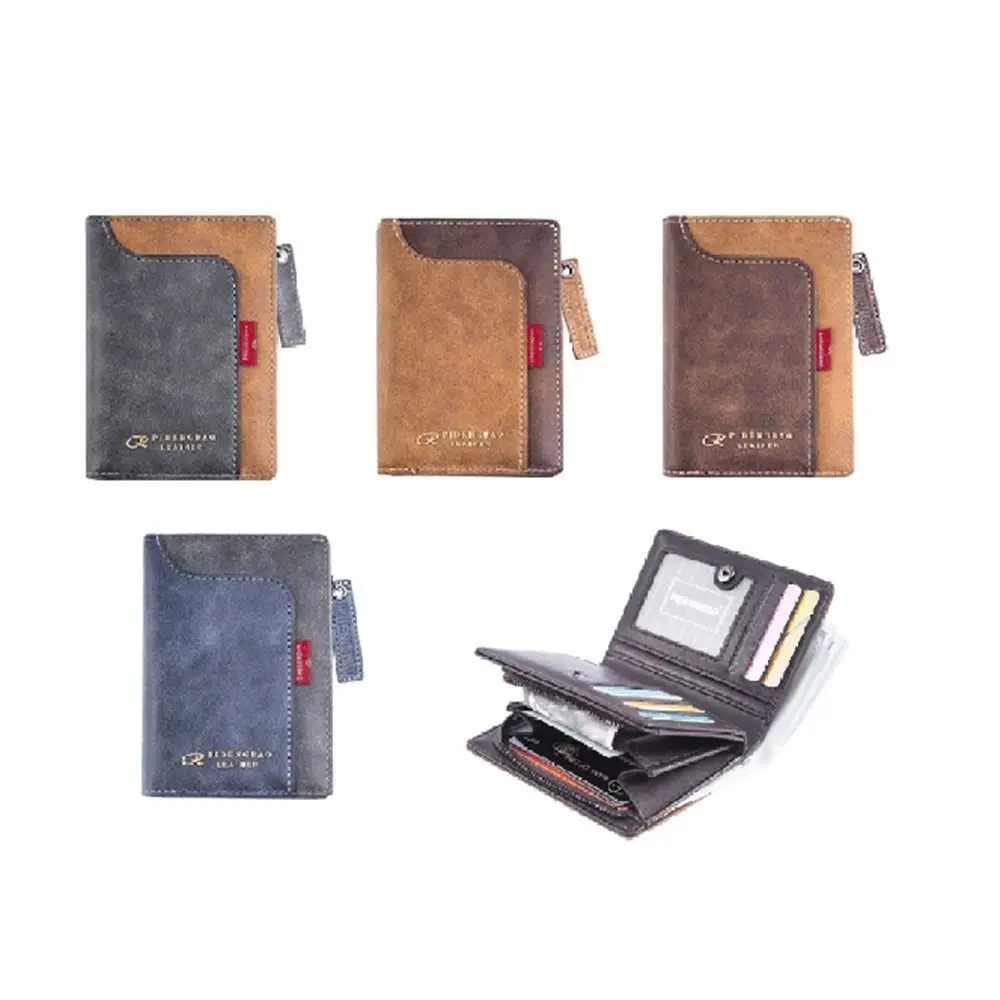 Pu Leather Anti Theft Men's Short Wallet Zipper Closure Credit Card Holder Solid Color Male Bifold Wallets