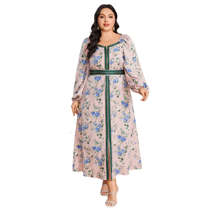 

2025 Moroccan Kaftan Muslim Dubai Abaya Turkey Islamic Dress Large Oversized Fashion Elegant Floral Print Ramadan Maxi Dress 4XL