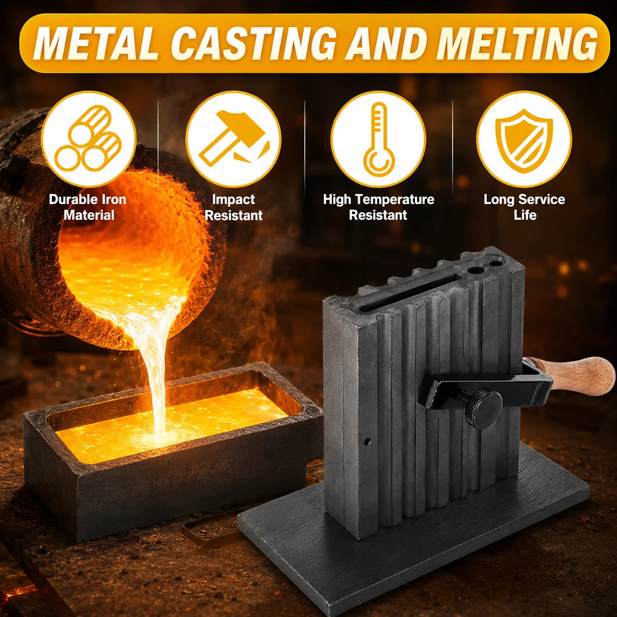 TOPTOS Jewelry Casting Ingot Mold Cast Iron Metal Pouring Mold with Wooden Handle for Gold Silver Melting