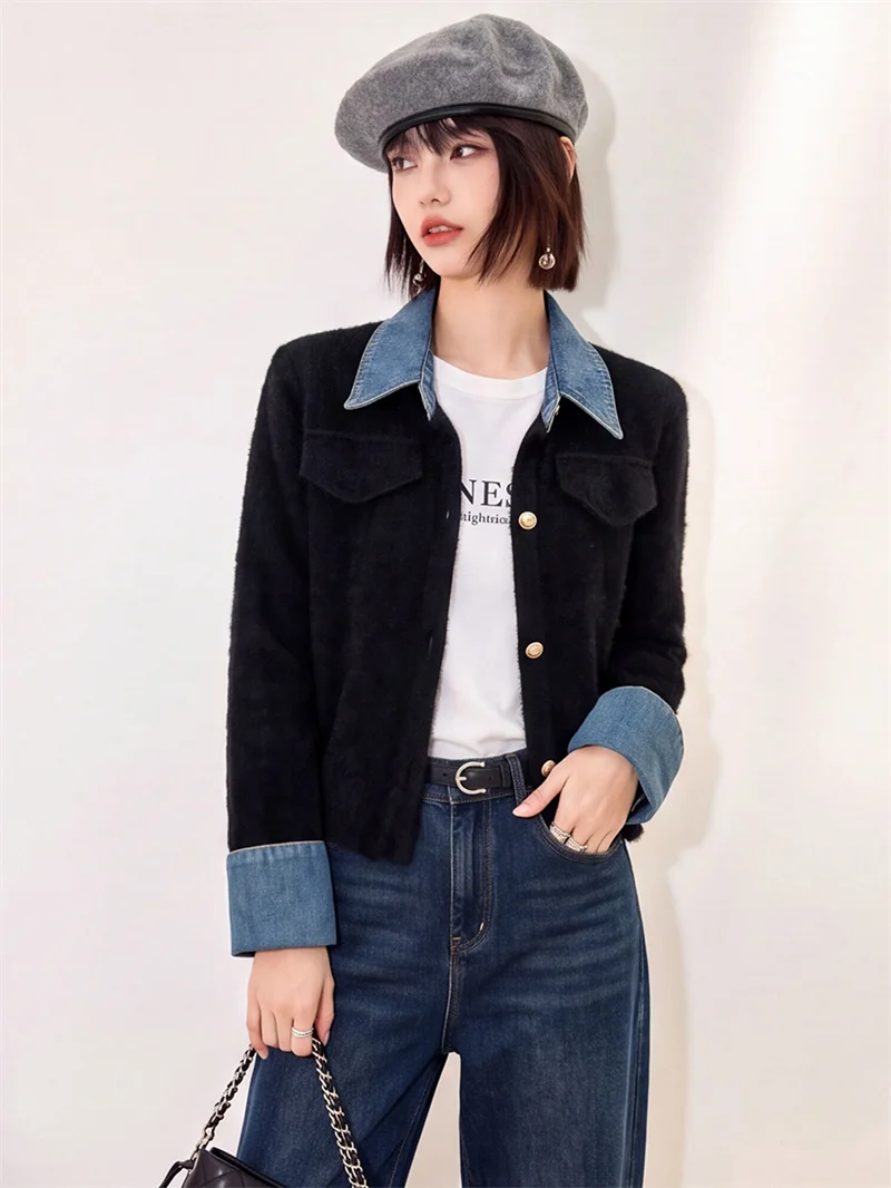 Women Designer Tweed Style Denim Fake Two Piece Soft Knit Cardigan 2026 Spring Autumn New Loose Lapel Short Jacket