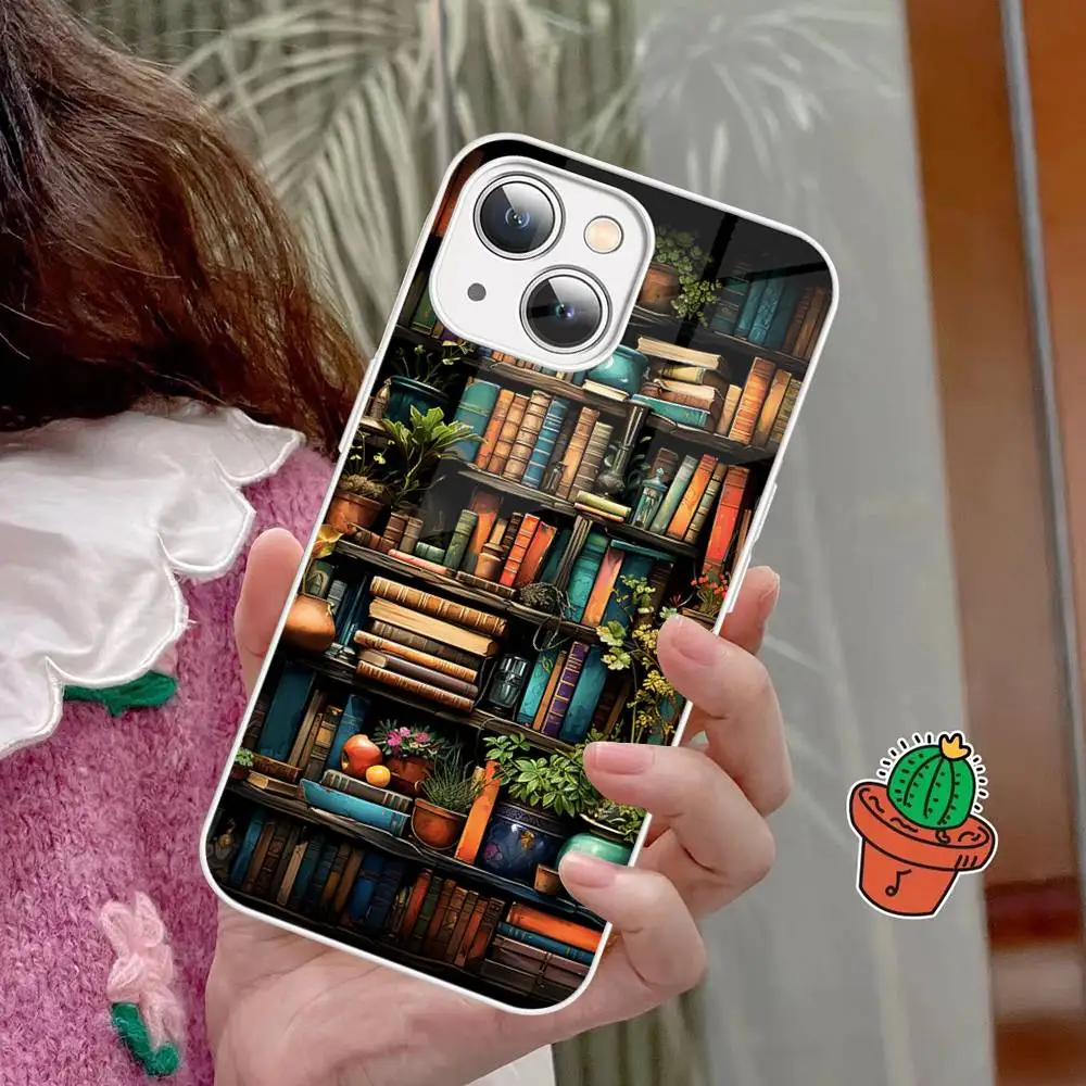 Étagère à livres en verre trempé à motif créatif, pour Iphone 14 13 12 11 Pro Mini XS MAX 14Plus X XS XR Fundas