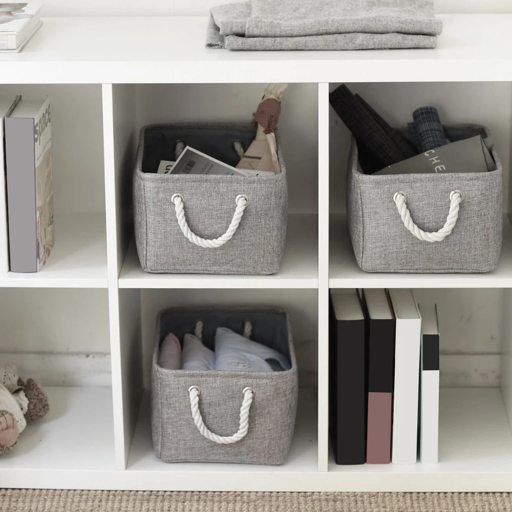 Linen Storage Basket With Handle Foldable Laundry Baskets Cosmetics Container Cotton Sundries Storage Box Grey Desktop Organizer