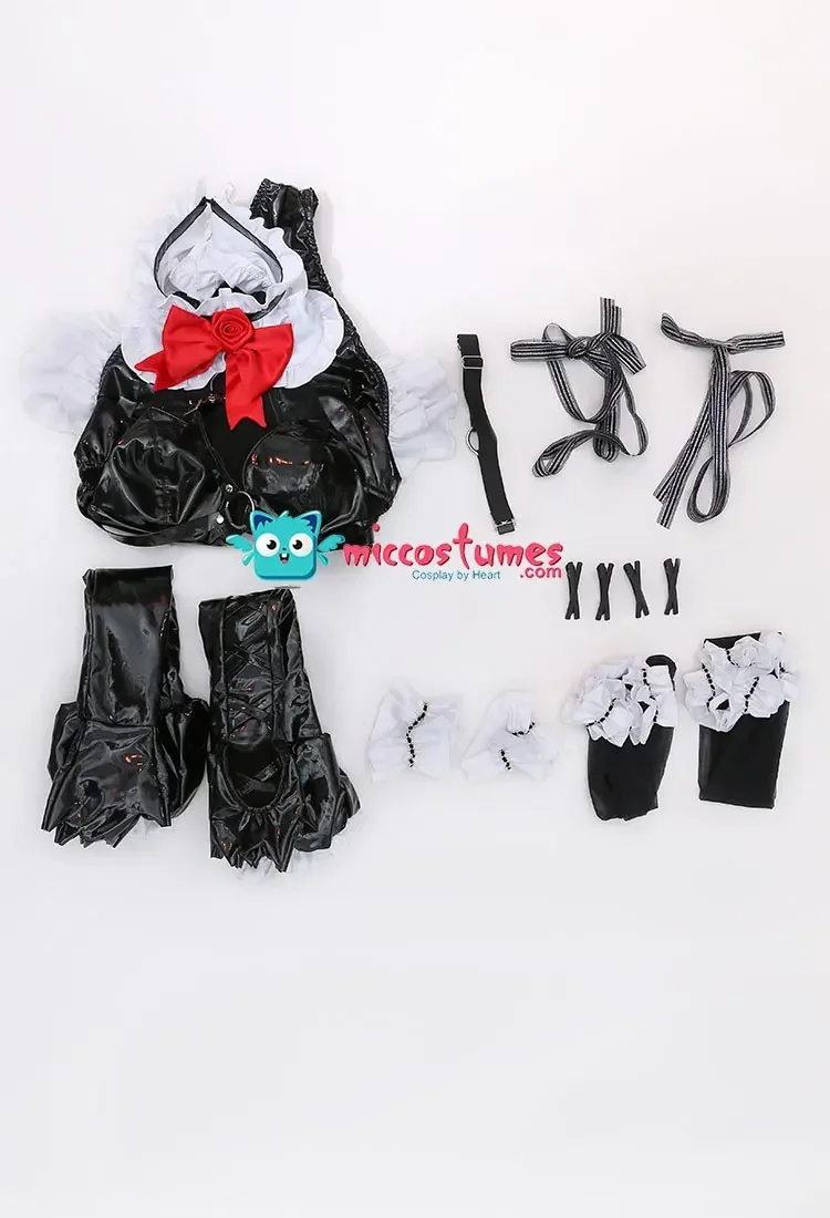 Miccostumes Womens Anime Marie Cosplay Costume Maid Cosplay Gothic Bodysuit and Thigh Socks with Headdress