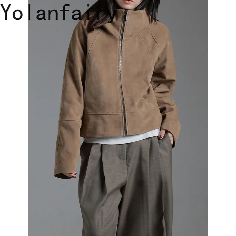 YOLANFAIRY Women Short Genuine Mixed Sheep Suede Leather Jacket Hooded Casual 100% Real Sheepskin Leather Coat Cropped Outerwear