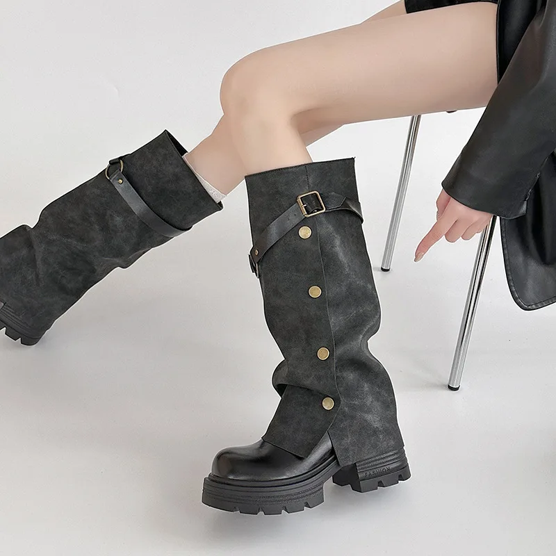 

2025 Height Increase Women Knight Boots Fashion Belt Buckle Pleated Shoes Female Thick Heel Knee High Booties Zapatos De Mujer