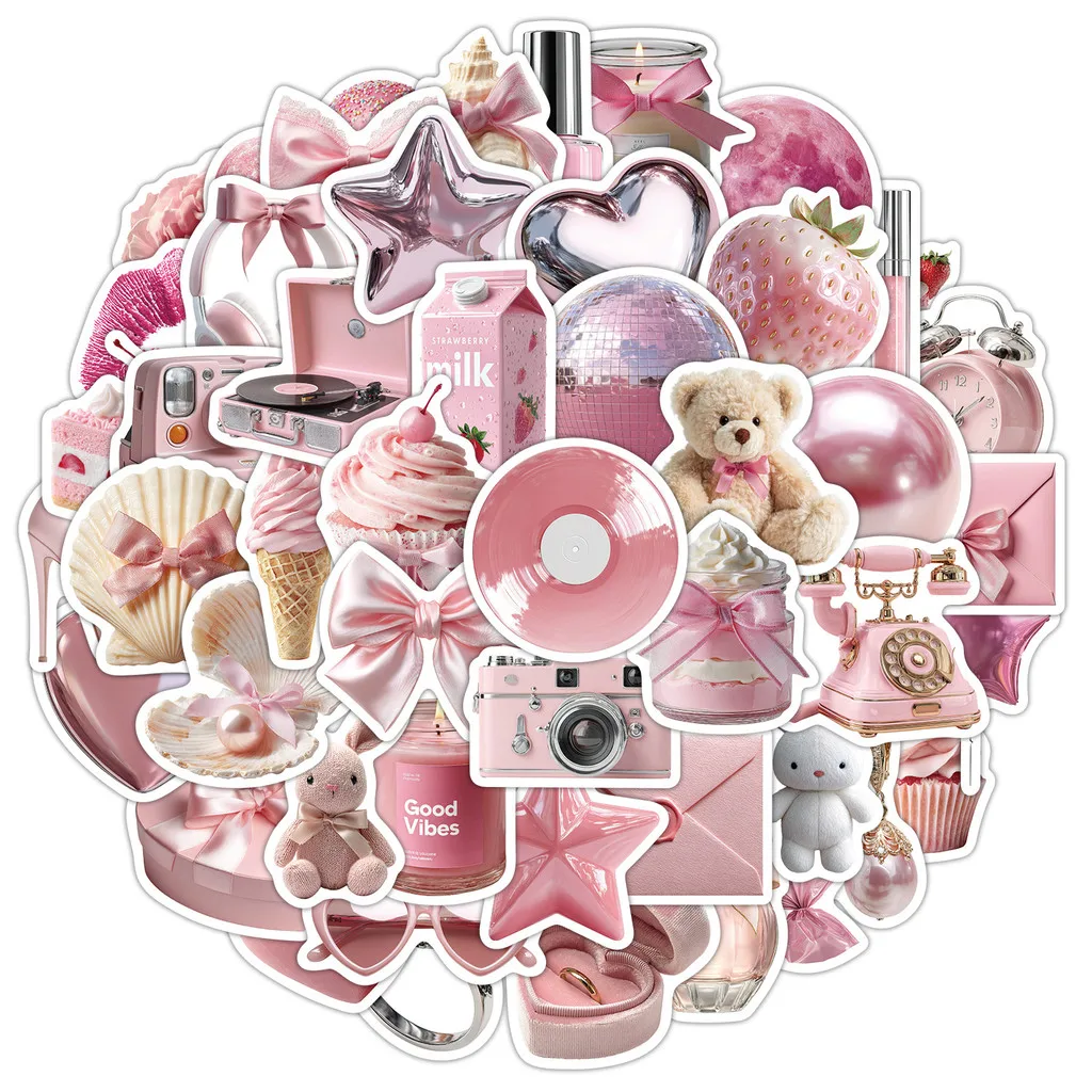 50pcs Pink Coquette Aesthetic Stickers Cute Bow Heart Dessert Waterproof Decals for Phone Laptop Water Bottle Journal