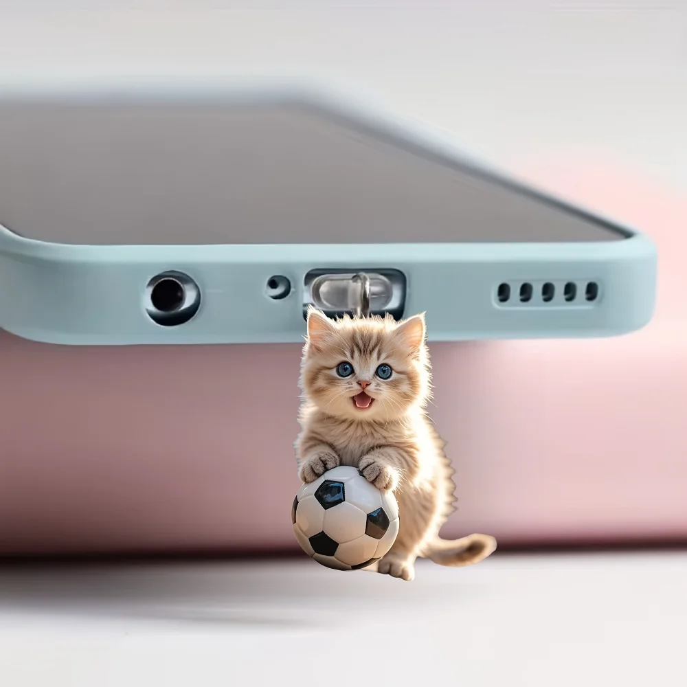 2d Cartoon Acrylic Football Cat Phone Dustproof Plug Suitable For Iphone Lightning Connector And Type-C Oval Connector