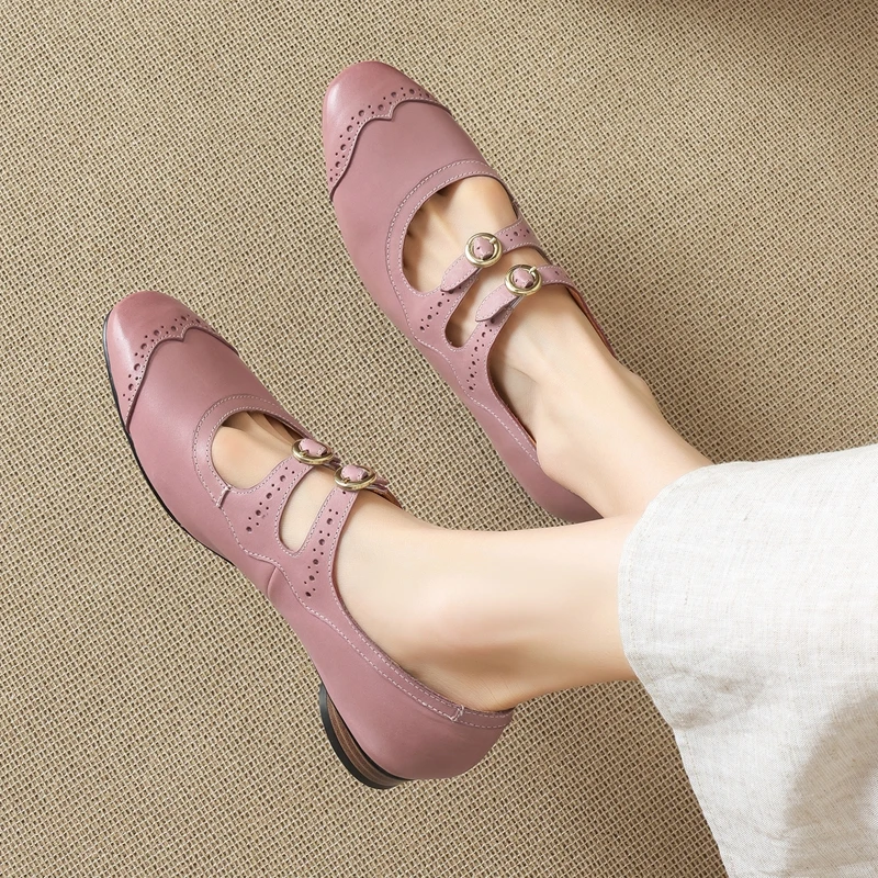 Women's Leather Carving British Style Metal Buckle Slip-on Mary Jane Ballet Low Heels Round Toe High Quality Soft Comfort Shoes