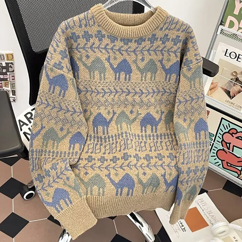 Men's Sweater Knitwear Pullover Autumn Winter Japanese Cartoon Geometry Sweater Harajuku Style Long-Sleeved Warm Knit Sweater
