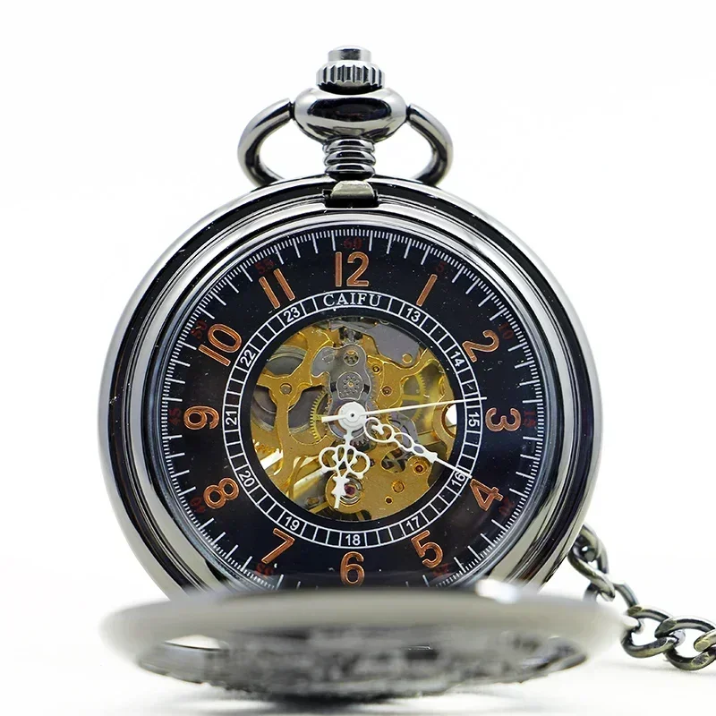 Vintage Black Charm Mechanical Pocket Watch Personalised Unisex Retro Hollow Skeleton Hand Wind Fob Watch montre a gousset