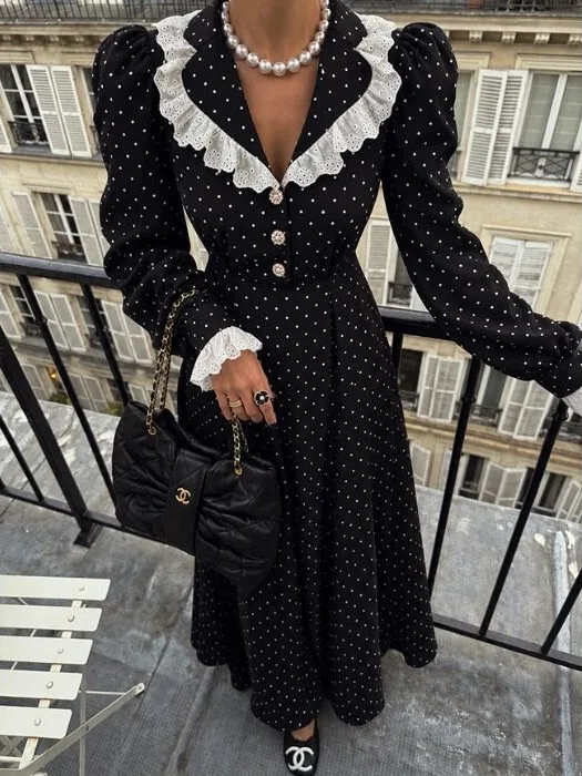 Chic Retro Polka Dot Long Sleeve Dress Elegant Slimming Gown Korean Style Spring Autumn Winter Fashion Women's Clothing