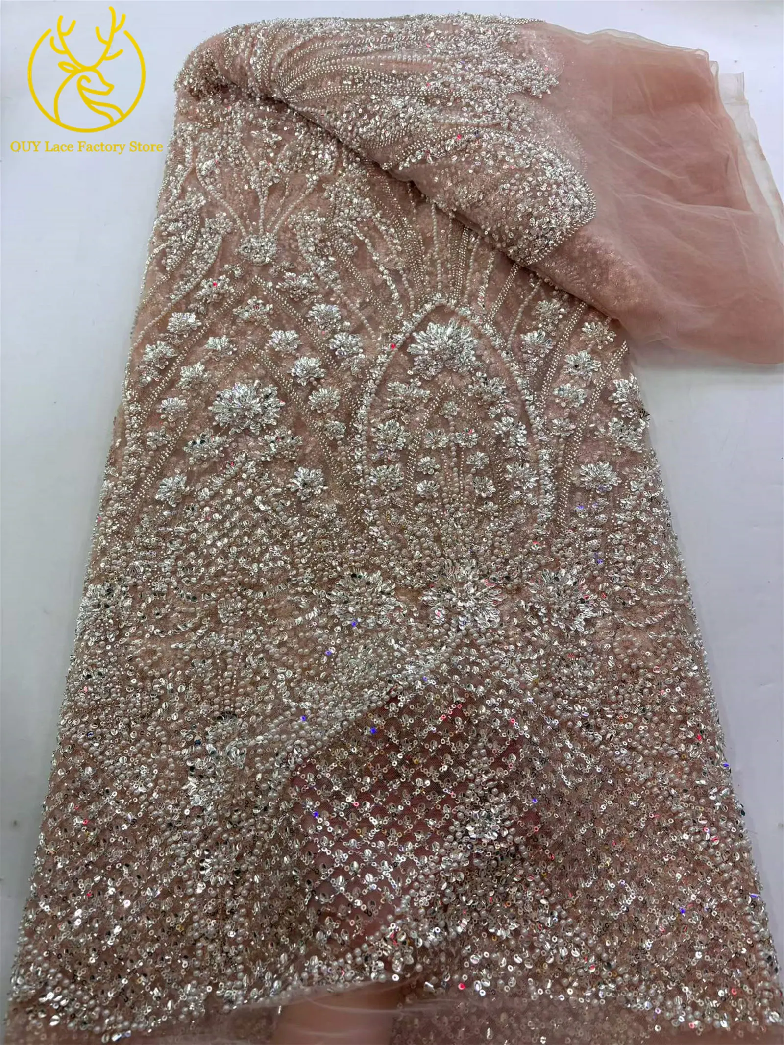 5 Yards afrikanischer schwerer Perlen-Pailletten-Netzstoff, goldener französischer Pailletten-Tüllstoff für wunderschöne Hochzeitskleider zum Nähen – Detail 15