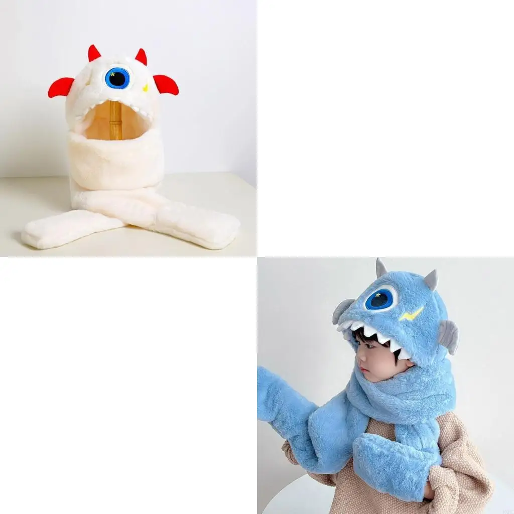 

3 in 1 Hat Scarf Gloves Cartoon Alien Hoodie Earflap Caps Scarf Mittens 4XBC