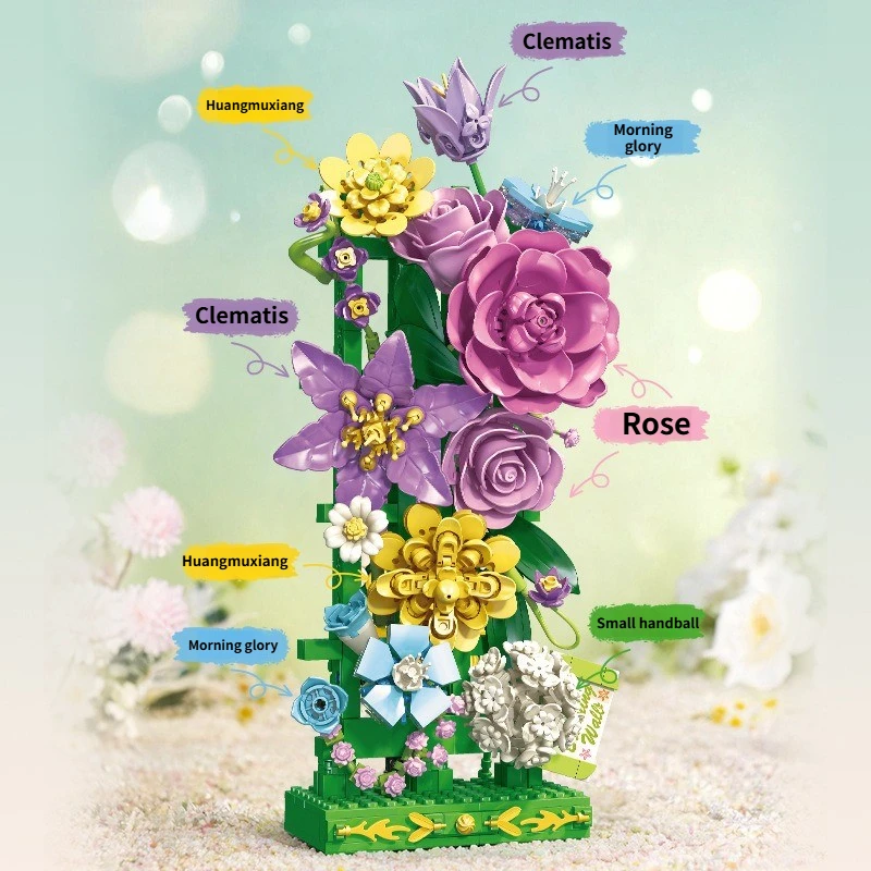 Flower Grille Building Blocks Colorful Flower Bouquet Trellis Model DIY Floral Display Bricks Set Home Decor Gift for Adults