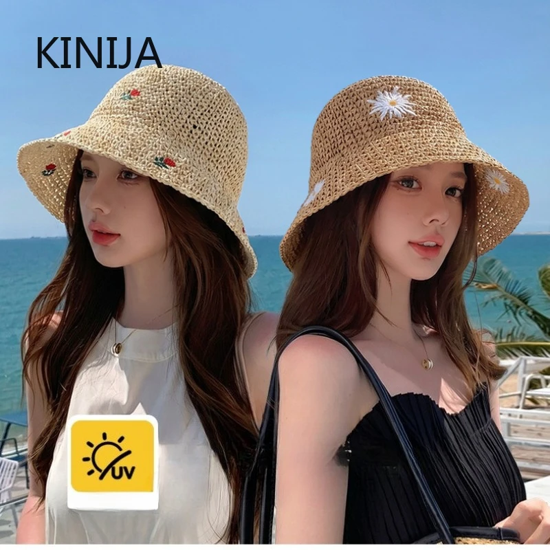 Damen Sommer Bunter Strohhut, Gehäkelter Faltbarer UV-Schutz Bucket-Hut, Outdoor Fischerhut, Modischer Panama-Hut für Strand und Reisen