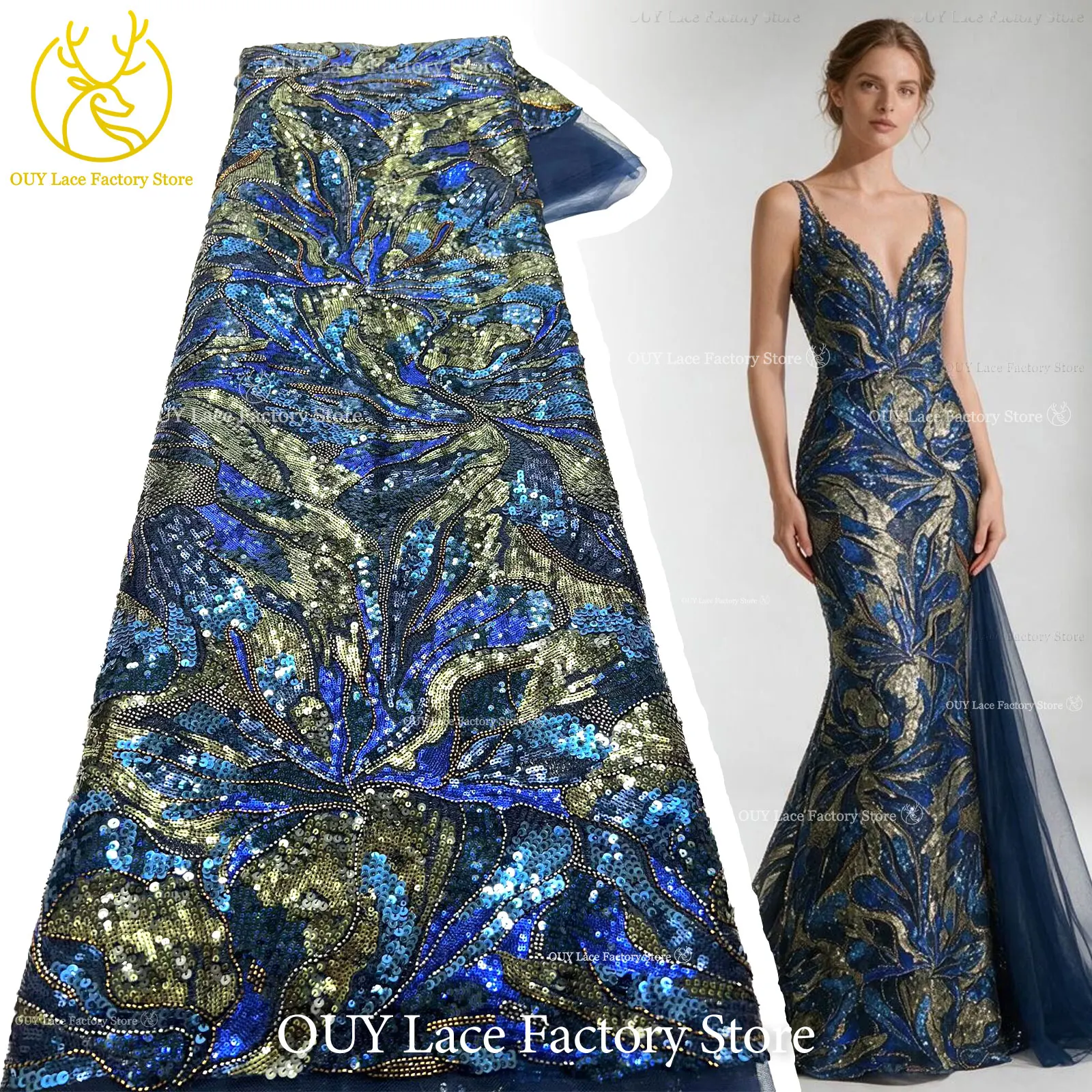 Luxury Heavy Full Sequin Beaded Sheer Tulle Lace Fabric, 5Yards High Grade African Lace for Women Bridal & Banquet Formal Gowns