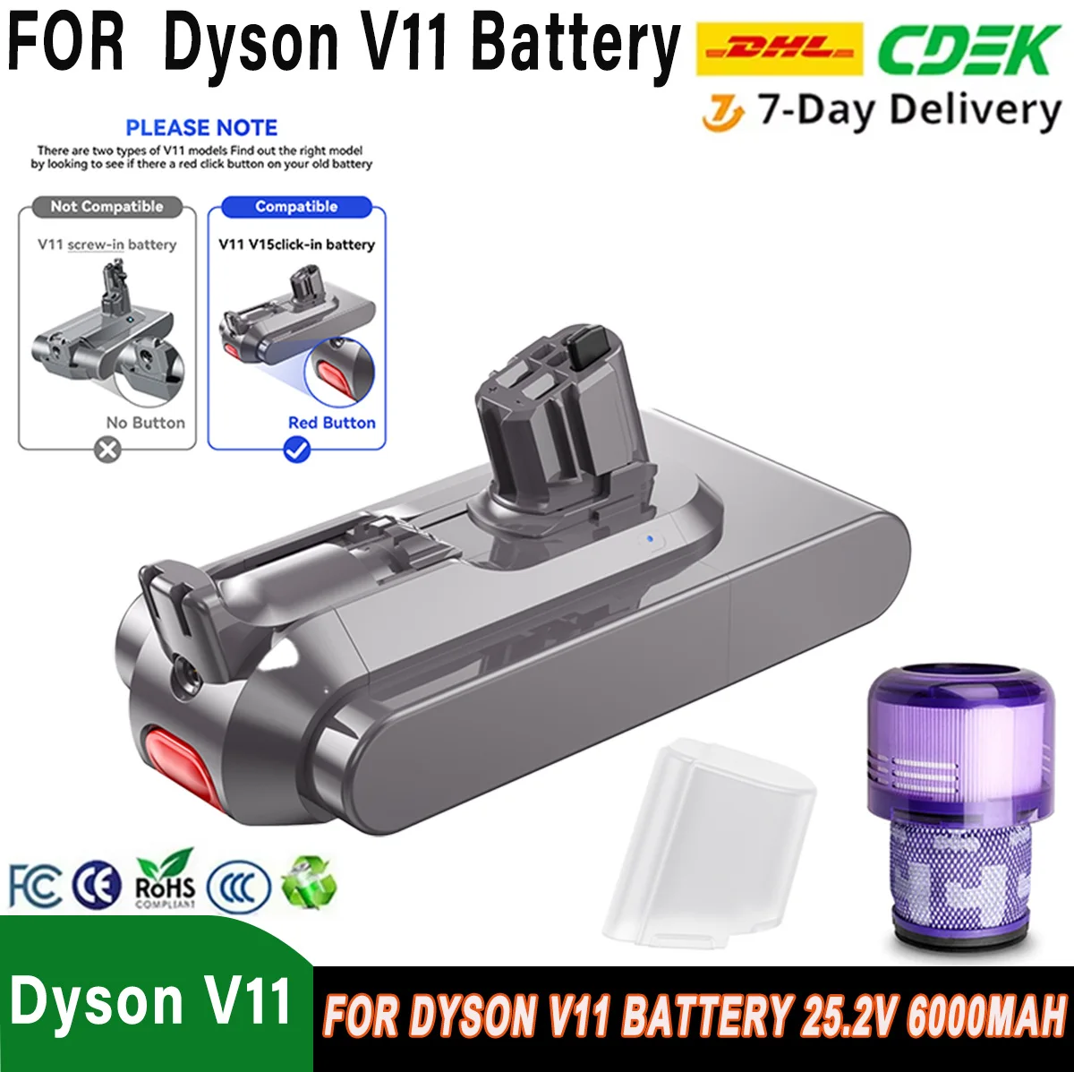 

NEW 25.2V 6000mAh Battery for Dyson V11 SV14 SV15 SV17 Serie Vacuum Cleaner Fluffy 970145-02 replacement Battery Buckle version