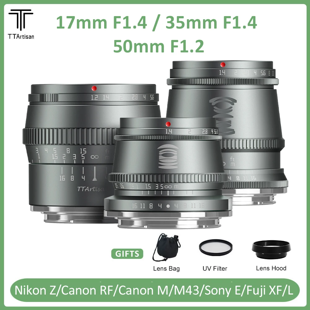 

TTArtisan 17mm F1.4 35mm F1.4 50mm F1.2 APS-C Manual Focus Titanium Grey Portrait Photography Lens for Sony E Fuji X Canon M M43