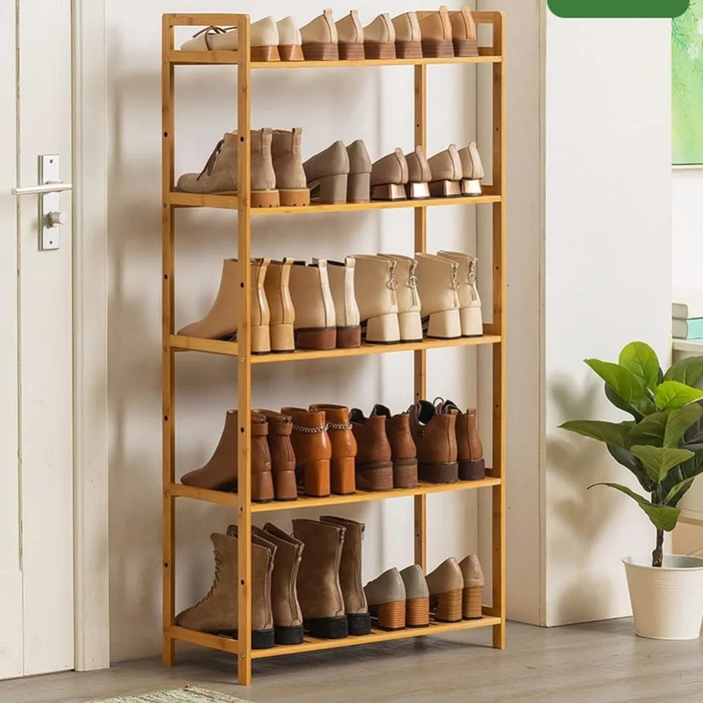 

Wooden Shoe Rack 5 Tier | Adjustable Boot Rack for Closet | Bamboo & Wood Sturdy Versatile Storage Organizer Shelf for Entryway