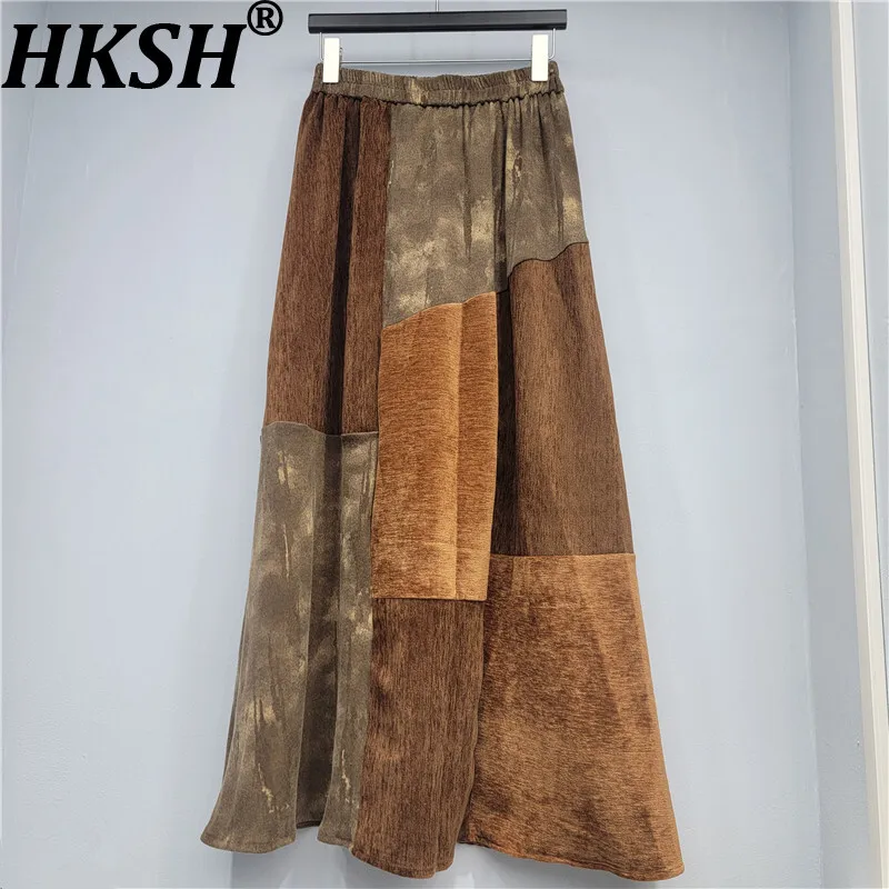 

HKSH Spring Autumn New Women's Skirt Elastic Waisted Asymmetric Patchwork Contrast Color Versatile A-Line Pleated Skirts HK15786